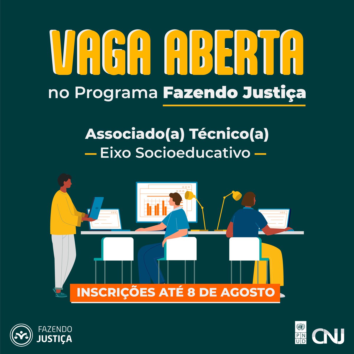 📣O programa Fazendo Justiça, executado pelo CNJ em parceria com o  @PNUDBrasil , está com uma vaga aberta para associado(a) técnico(a) para as  ações junto ao Sistema Socioeducativo. 🗓️ Inscrições até 8/8, image size:1200x1200