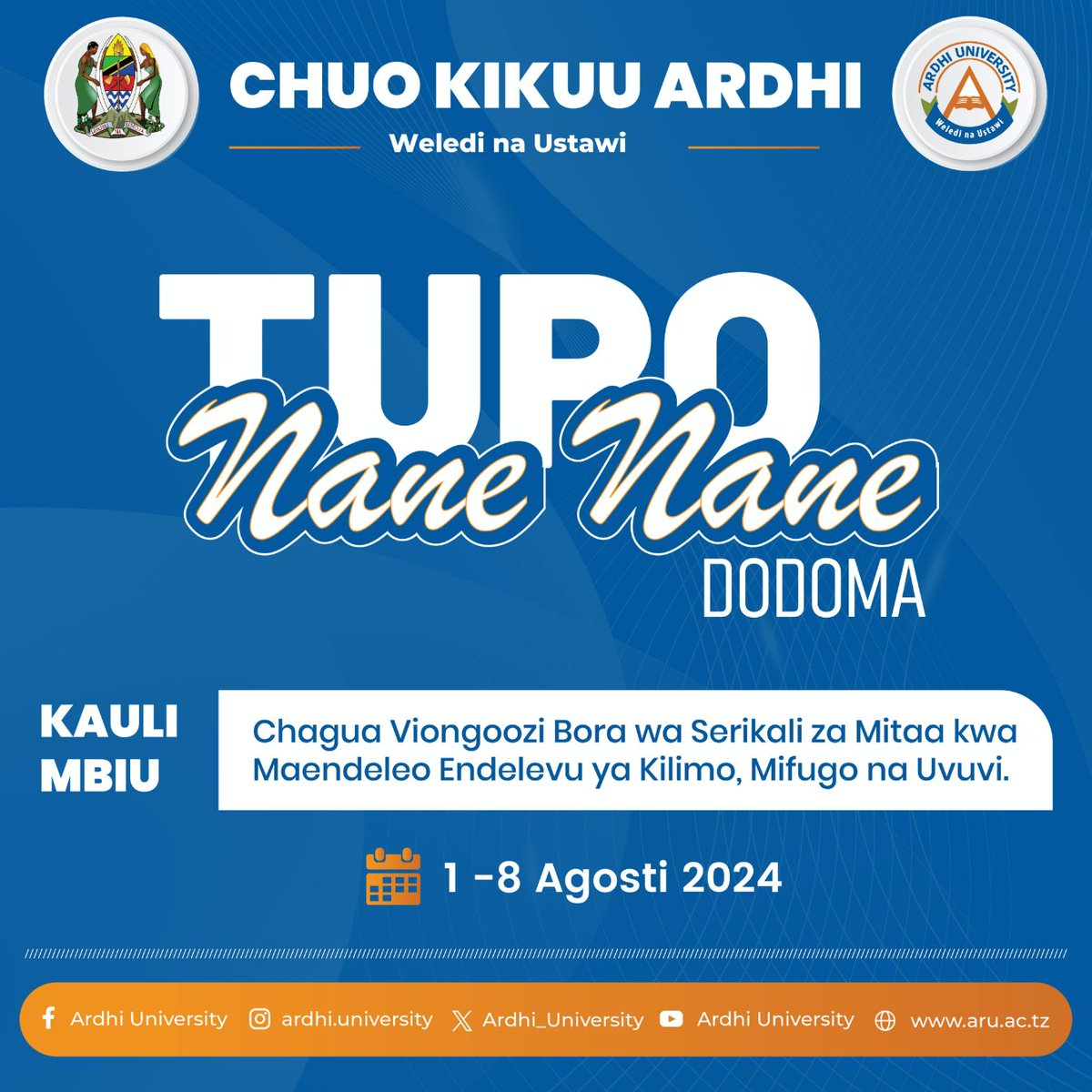Chuo Kikuu Ardhi kina furaha kutangaza ushiriki wake kwenye maonesho ya Nane Nane mkoani Dodoma. Tumejiandaa kufanya udahili wa hapo kwa papo kwa wanafunzi walio tayari kujiunga na Chuo chetu.
📍 Dodoma - 📅 1 – 8 Agosti 2024
#NaneNane2024 #ChuoKikuuArdhi #MaendeleoEndelevu