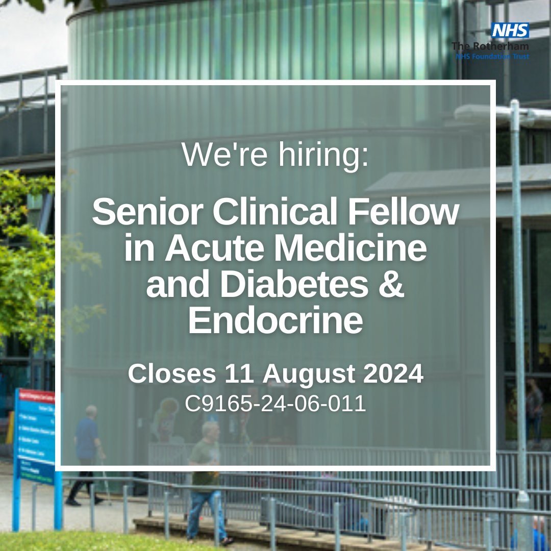 The Rotherham NHS FT (@rotherhamnhs_ft) on Twitter photo 📣We're hiring a Senior Clinical Fellow in Acute Medicine and Diabetes & Endocrine 📣
To learn more and apply, visit: jobs.nhs.uk/candidate/joba…
For more updates like this, follow <a href="/TRFTJobs/">The Rotherham NHS FT | We're hiring!</a>!
#TRFT #ApplyNow 📣We're hiring a Senior Clinical Fellow in Acute Medicine and Diabetes & Endocrine 📣
To learn more and apply, visit: jobs.nhs.uk/candidate/joba…
For more updates like this, follow <a href="/TRFTJobs/">The Rotherham NHS FT | We're hiring!</a>!
#TRFT #ApplyNow