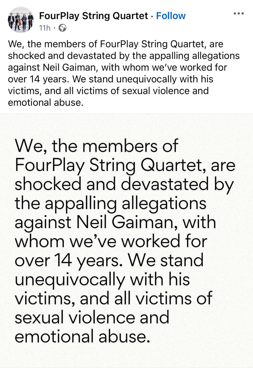 pcaruanagalizia's tweet photo. Statement from the FourPlay String Quarter on Neil Gaiman. They’ve worked with him for 14 years and say: “We stand unequivocally with his victims, and all victims of sexual violence and emotional abuse.” https://t.co/QDdTVB6fXc