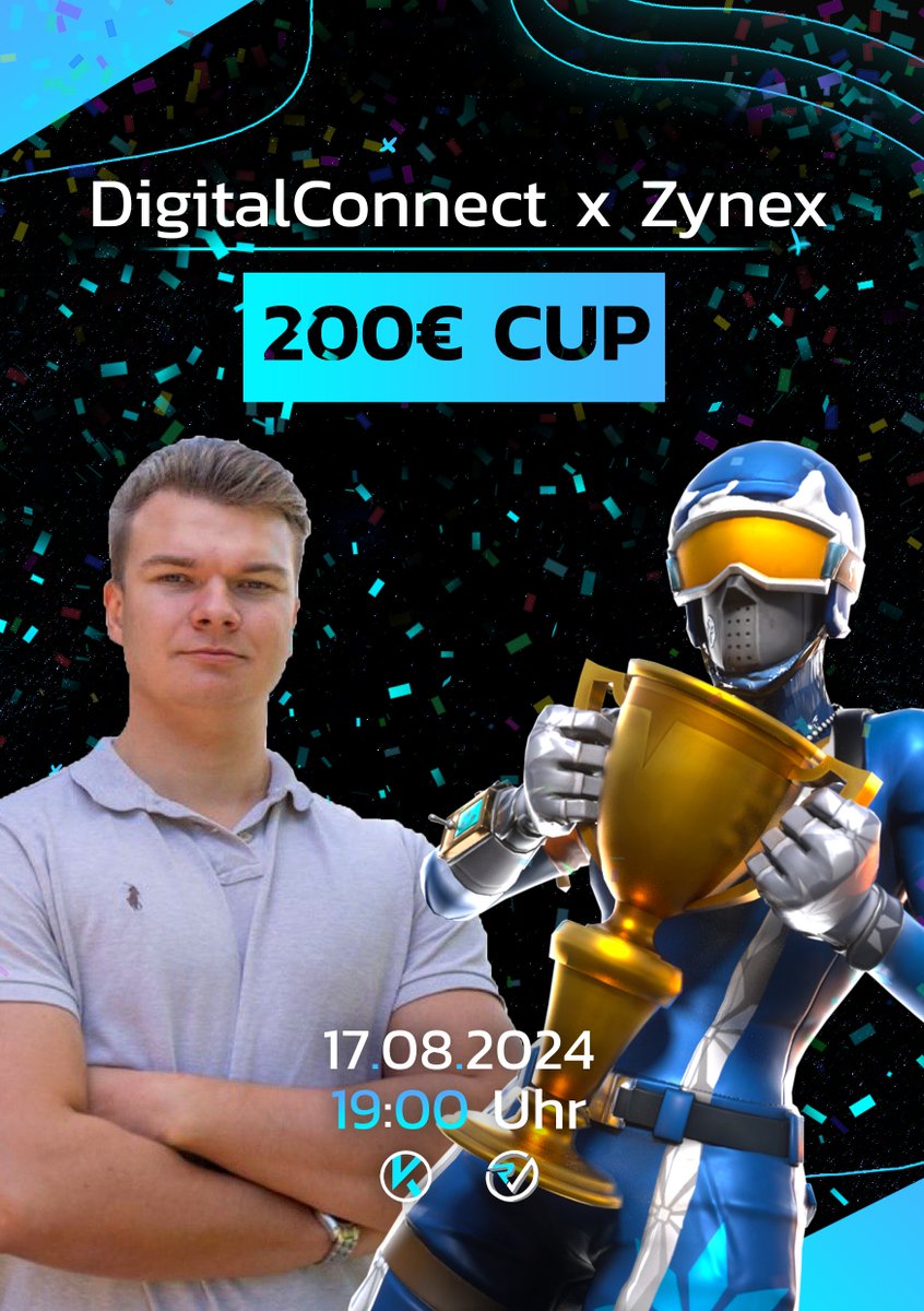 DigitalConnect x <a href="/Zynex00/">Zynex</a> Cup 🏆

Wir veranstalten zusammen mit unserem Creator Partner ein Fortnite Customs Turnier 🎮

1. Platz: 100€ + Pokal 
2. Platz: 70€
3. Platz: 30€

Teilnahme: 
- @ euren Mate in den Kommentaren 
- Folgt <a href="/Zynex00/">Zynex</a> &amp; <a href="/digitalcnnct/">DigitalConnect</a> 

Die Einladungen