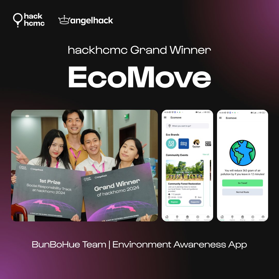 AngelHack's tweet image. 📢 Shout out to one of our grand winners in #hackhcmc! BunBoHue team really showed us how AI can help individuals become more aware of their environmental footprint, and what can be done to reduce it.

Sooooo excited to see them again in the #hackglobal finals in Singapore!