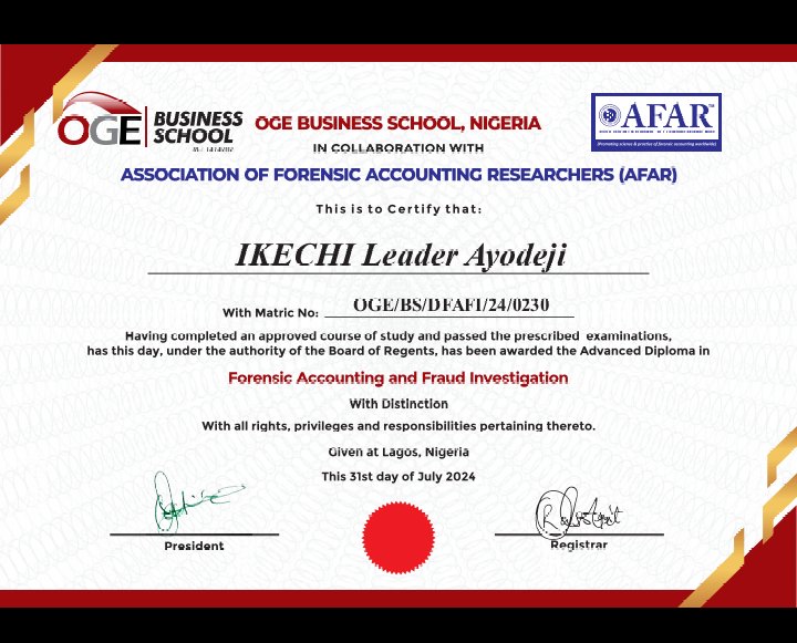 Ruby_Lea's tweet image. I&apos;m thrilled to announce that I&apos;ve successfully completed the Advanced Diploma Course in Forensic Accounting and Investigation organized by OGE BUSINESS SCHOOL.
I&apos;m more equipped to take on responsibilities and take advantage of opportunities as they come.
#forensicaccountant