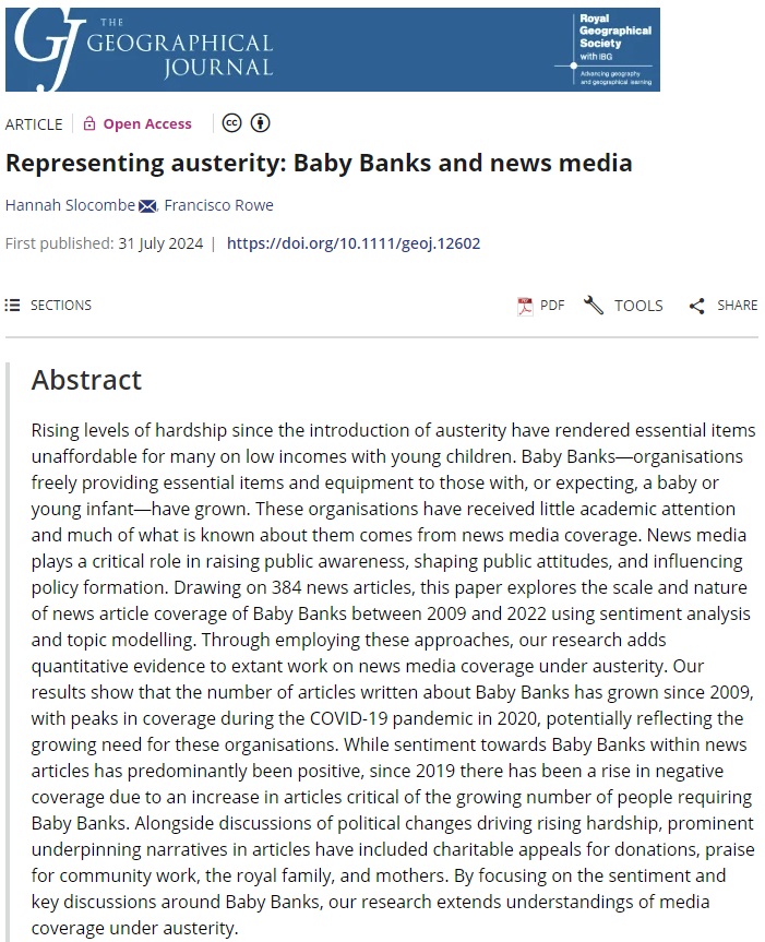 The Geographical Journal (@geogjournal) on Twitter photo 📣New paper published by @SlocombeHannah and <a href="/Fcorowe/">Francisco Rowe ✌️</a> (<a href="/livunigeog/">livunigeog</a>), exploring news media coverage of Baby Banks from 2009 to 2022:
'Representing austerity: Baby Banks and news media'. #OpenAccess
doi.org/10.1111/geoj.1… 📣New paper published by @SlocombeHannah and <a href="/Fcorowe/">Francisco Rowe ✌️</a> (<a href="/livunigeog/">livunigeog</a>), exploring news media coverage of Baby Banks from 2009 to 2022:
'Representing austerity: Baby Banks and news media'. #OpenAccess
doi.org/10.1111/geoj.1…