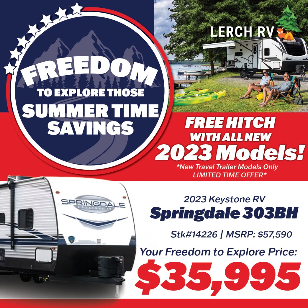 LerchRV's tweet image. Today is the last day of our Freedom to Explore Summer Sales Event. That means today is the last day to get a free hitch with a new 2023 travel trailer purchase.  Save on this new 2023 Springdale 303BH bunk model, on sale today for $35,995. #springdalerv #rvsales #goRVing