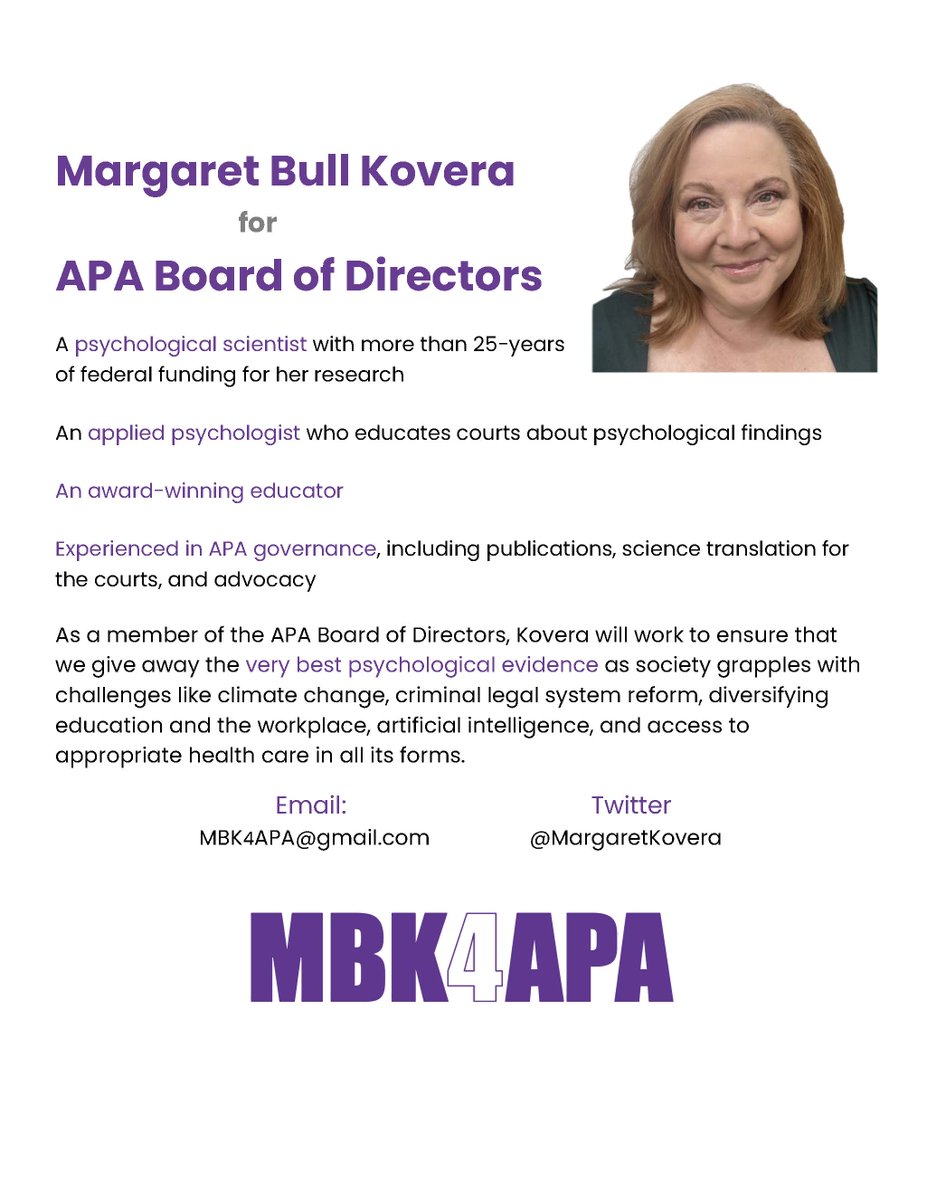 Margaret Bull Kovera (@margaretkovera) on Twitter photo I am running for Member-at-Large on the <a href="/APA/">American Psychological Association</a> Board of Directors on Slate II: Applied Research. If elected, I will be a fierce advocate for the application of psychological science to address societal challenges. Students can vote, too. Ballots arrive in members email tomorrow! I am running for Member-at-Large on the <a href="/APA/">American Psychological Association</a> Board of Directors on Slate II: Applied Research. If elected, I will be a fierce advocate for the application of psychological science to address societal challenges. Students can vote, too. Ballots arrive in members email tomorrow!
