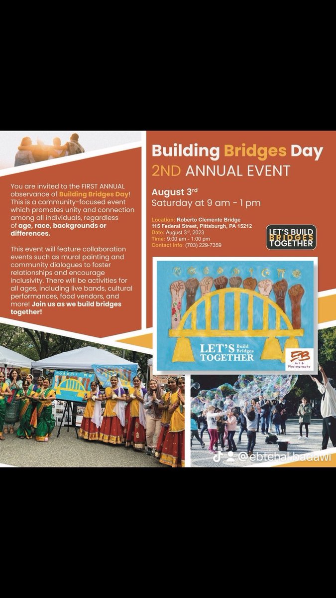 BadawiEbtehal's tweet photo. 🎉 Join us for Building Bridges Day on Aug 3, 9 AM - 1 PM at the Clemente Bridge! Celebrate unity in our city of bridges with music and community. 🌉🌉
Huge thanks to our sponsors
Want to sponsor? Reach out!
#BuildingBridgesDay #Pittsburgh #Unity https://t.co/CdZpopEp38