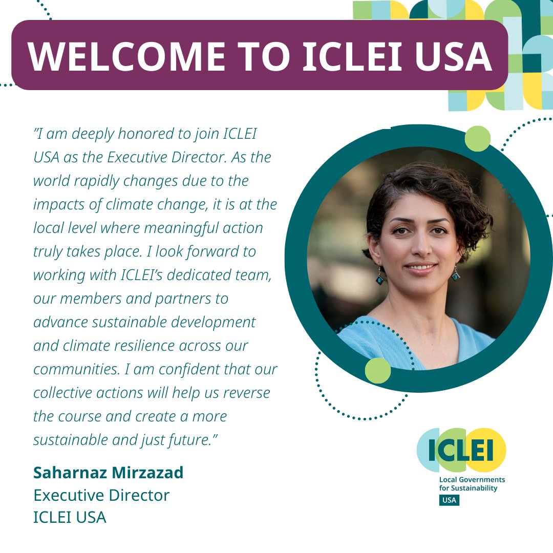 We’re thrilled to announce Saharnaz Mirzazad as ICLEI USA’s new Executive Director! 🌟 Her extensive experience in environmental policy, climate resiliency, and infrastructure will build on our hard work and fuel our continued growth. Join us in welcoming her to the team! 🎉
