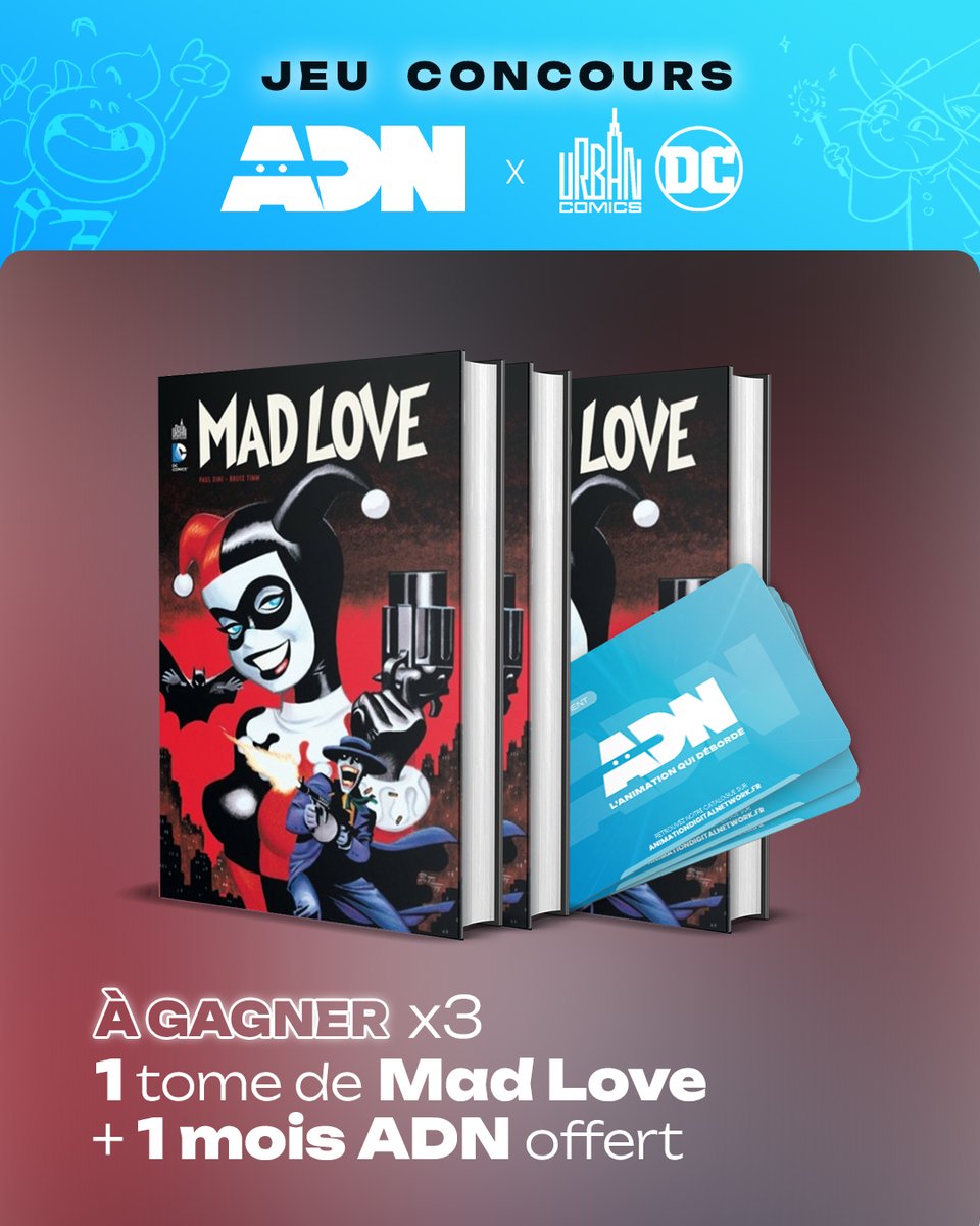 ADNanime's tweet photo. [Concours ADN - URBAN COMICS 🎁]

À l'occasion de la sortie de Suicide Squad Isekai, on te propose de remporter 2 codes d'abonnement d'1 mois à ADN et 2 comics Mad Love 🃏

Pour participer :
- Follow @ADNanime et @UrbanComics 
- Like
- RT !

Règlement : https://t.co/mej5UNKNO4 https://t.co/YgdisFurjT