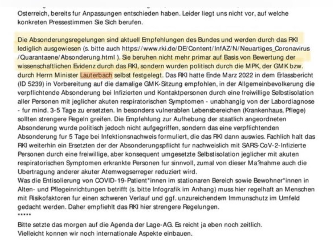 Aus den #RKIEmails: "Die Absonderungsregelungen sind aktuell Empfehlungen des Bundes und werden durch das RKI lediglich ausgewiesen (...). Sie beruhen nicht mehr primar auf Basis von Bewertung der wissenschaftlichen Evidenz durch das RKI, sondern wurden politisch durch die MPK,