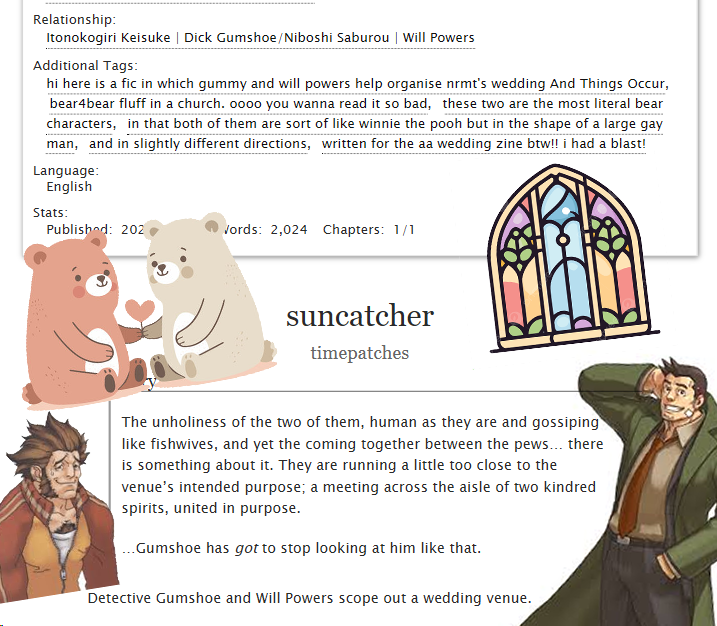 GUESS WHAT my darling precious little fic Suncatcher is FINALLY OUT because it's leftovers time for <a href="/aaweddingzine/">Lawfully Wedded @ COMPLETE!</a> !! 💐💍 I We had such a blast and everything turned out so stunning pls feast yer eyes⏬