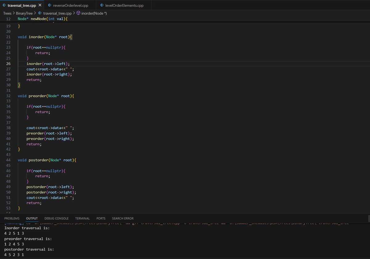VV_Algos's tweet photo. Day 22 of my 30-day DSA challenge! 
Today was highly productive.
Implemented tree traversals: Inorder, Preorder, and Postorder in C++.
Solved "Maximum Depth of Binary Tree" on LeetCode.
Explored "Level Order Traversal" and "Reverse Level Order Traversal" of Binary Tree.
#DSA https://t.co/Zt0skH4d5e