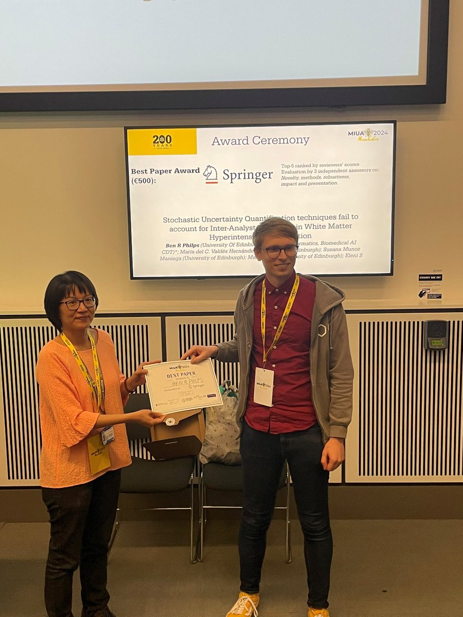 Congratulations Ben Philps on winning the MIUA 2024 Best Paper Award!  Well done supervisors María del C. Valdés Hernández and Miguel Bernabeu and Antonio Vergari👏