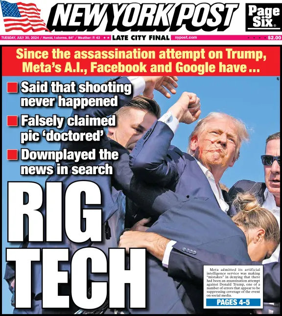 Orby31148's tweet photo. Since the attempted assassination of Donald Trump #RigTech #BigTech Meta and Google have rigged search engine algorithms to suppress the story, claimed the shooting never took place, said the photo of bloody Trump was doctored. #ElectionInterference https://t.co/cyb6Zh8zrj