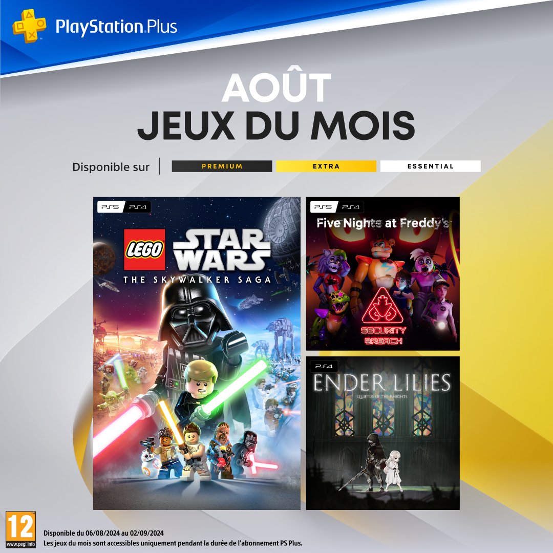 PlayStationFR's tweet photo. Et voici les prochains jeux qui seront inclus dans votre abonnement PlayStation Plus à partir du 6 août :
🌌 LEGO Star Wars: The Skywalker Saga
🐻 Five Nights at Freddy’s Security Breach
⚔️Ender Lilies: Quietus of the Knights https://t.co/lM5l58ayks