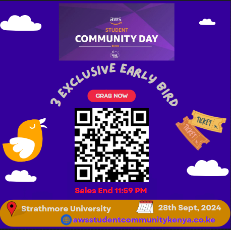 awscloudclubKE's tweet photo. Early bird tickets up until 11:59 pm for only Ksh. 250.
🎉Grab yours and join us for the event of the year 🎉
AWS Student Community Day Kenya.
📅 September 28th 2024
🏫 Strathmore University
⏰ From 9am to 5pm
Theme : Dare to Dream
#awscdkenya #earlybird #eventsinkenya #techke https://t.co/WlNP2uaybX