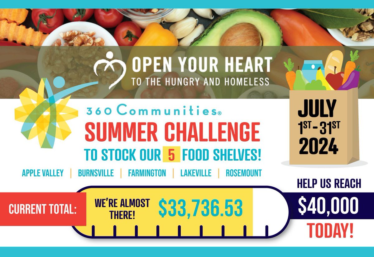 The Open Your Heart Summer Challenge <a href="/openyourheartmn/">Open Your Heart</a> ends today, July 31st! If you haven't donated, there is still time to help us reach our goal of $40,000! Your support means the world to your neighbors who need help in Dakota County. Thank you! ❤️  360communities.org/oyh/