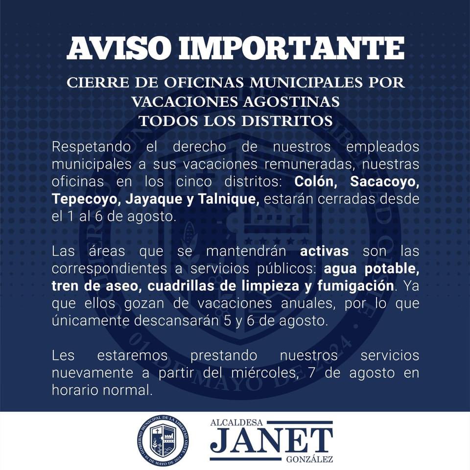 #AvisoImportante ⚠️⚠️⚠️

Todas nuestras oficinas municipales en los cinco distritos de #LaLibertadOeste estarán 𝗖𝗘𝗥𝗥𝗔𝗗𝗔𝗦 𝗱𝗲𝗹 𝟭 𝗮𝗹 𝟲 𝗱𝗲 𝗮𝗴𝗼𝘀𝘁𝗼 debido a vacaciones agostinas. No obstante, los servicios públicos seguirán activos durante vacaciones.