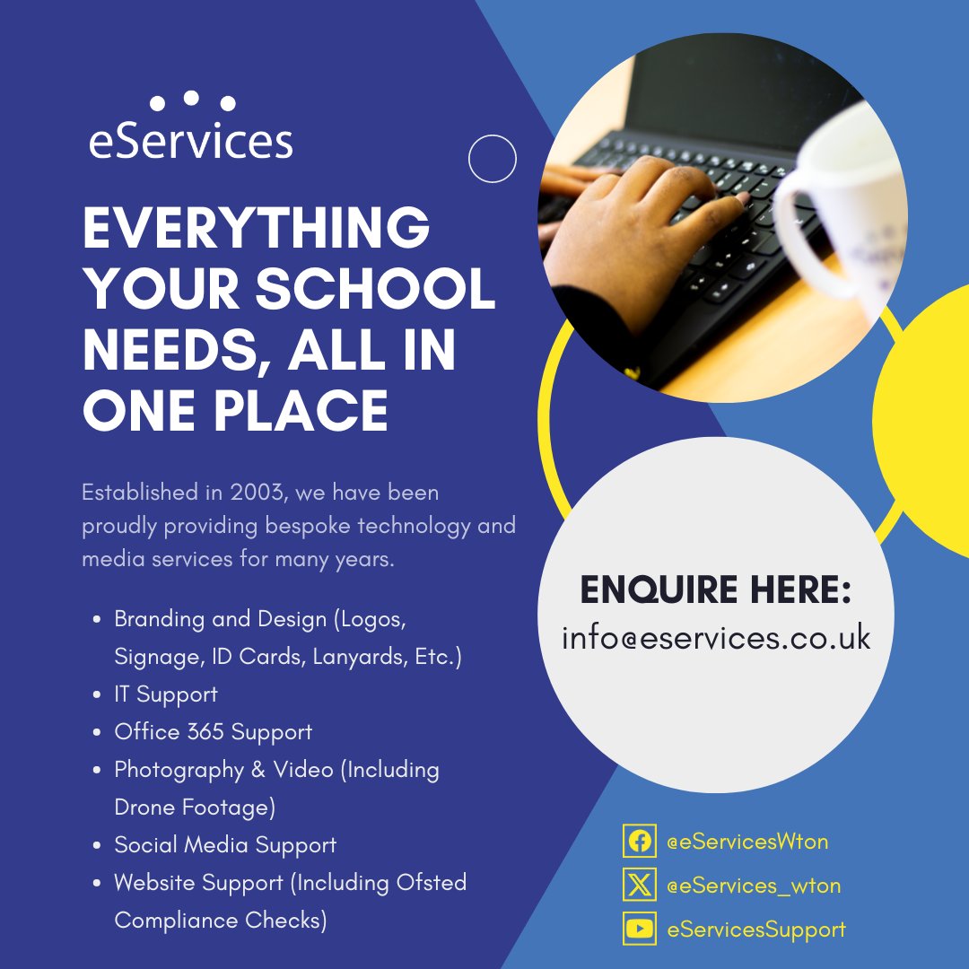 eServices_wton's tweet photo. Simplify and streamline your school needs today with our unique, bespoke service - we cover a vast variety of areas with great flexibility for your individual preferences 🖥️💛

#Branding | #Design | #ITSupport | #Office365 | #Photography | #SocialMediaSupport | #WebsiteSupport https://t.co/Rbj4BoN07Z