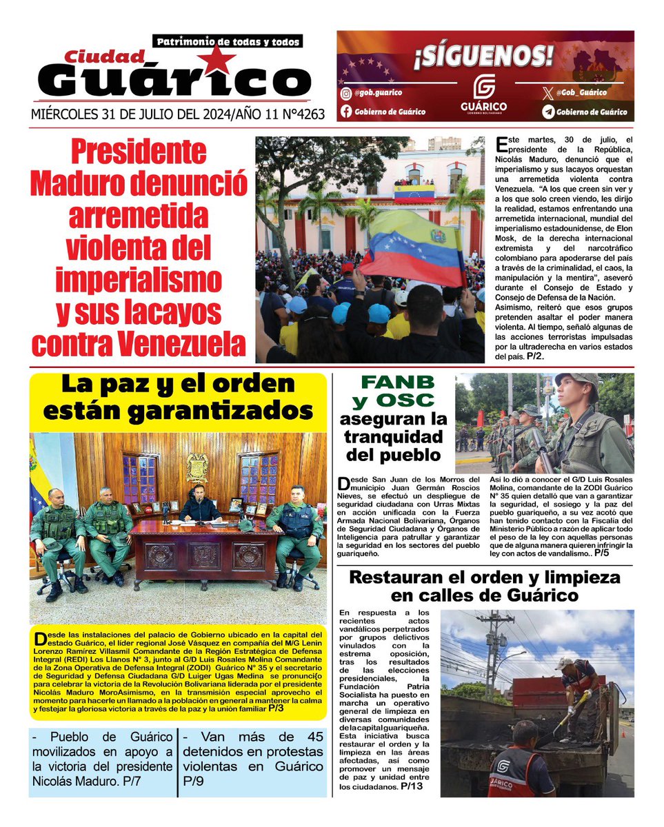 Recuerda visitar la página web🖥 del Gobierno de Guárico y no te pierdas tu #CiudadGRC.

📍Titulado de hoy, Miércoles #31Jul

🔴  La paz y el orden están garantizados 

#Guárico
#VenezuelaEsPaz
#GuáricoProduce
