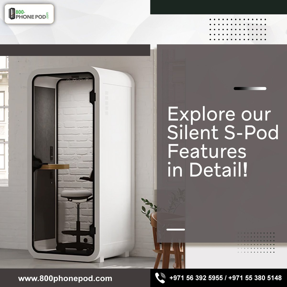 800Phonepod's tweet photo. Our Silent S-Pod is designed to provide an oasis of calm for individuals.
Here are the standout features of #SPod:
๐#AdvancedSoundproofing
๐ง#SinglePerson Focus
๐ ๏ธ #WallMountedTable
๐ช#ErgonomicSingleChair
๐ก Adjustable LED Lighting
Dial๐+971 56 392 5955
#SilentPods #Dubai https://t.co/jeUPrNrRm0