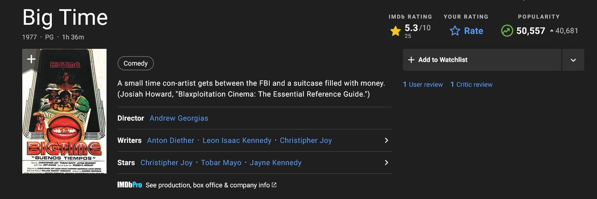JosiahHoward22's tweet photo. BIG TIME (1977). We're blessed to have IMDB (International Movie Database) @imdb as one of the many partners who license reviews from "Blaxploitation  Cinema: The Essential Reference Guide!"... (It's a fun film: check it  out!)... https://t.co/9rsPkIVA6V