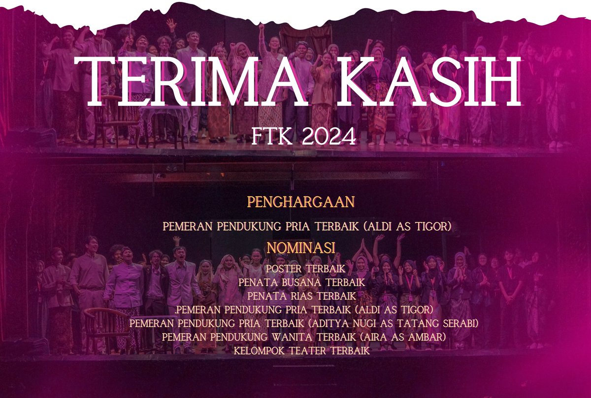 YOSHAAAA!!!! ZATERS!!
FTK 2024 sudah berakhir! Teater Zat berhasil mendapatkan 1 penghargaan yaitu Pemeran pendukung pria terbaik di tahun ini! semoga tahun depan borong lebih banyak lagi!!!
