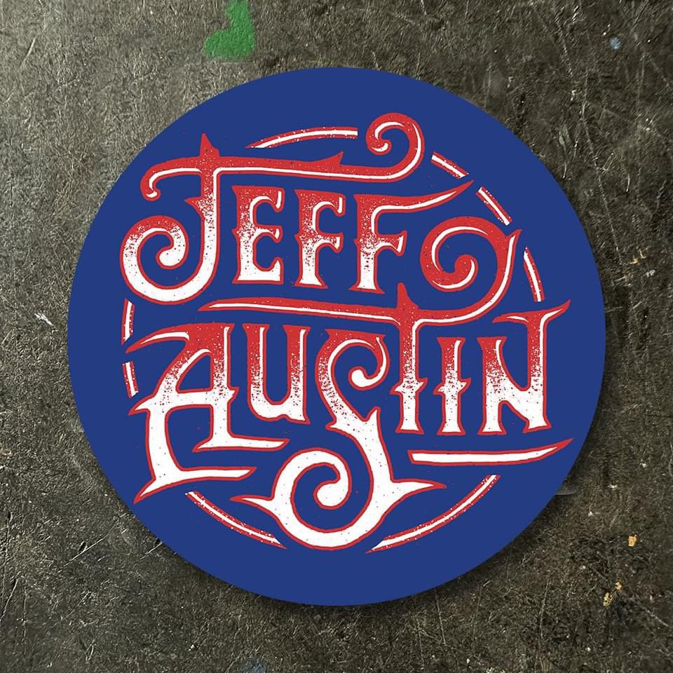 Jeffreyaustin10's tweet photo. Thanks to our friends at @halfhazardpress , we are happy to present the Jeff Austin scroll logo!  Look for this limited edition Cubs colors sticker as well as other new items at 6pm MDT. Exclusively at https://t.co/ExADE3WzK1 https://t.co/OAcC9MLhPP