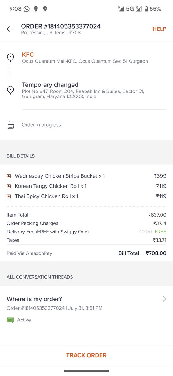 a_nick_hat's tweet photo. @Swiggy @SwiggyCares @KFC_India 
I ordered from KFC Ocus Quantum (sector 51, Gurgaon) and it's been more than an hour. I called the delivery guy and he mentioned the restaurant is closed. I called the restaurant but the number is switched off. What to do now? https://t.co/Liclf2z99U