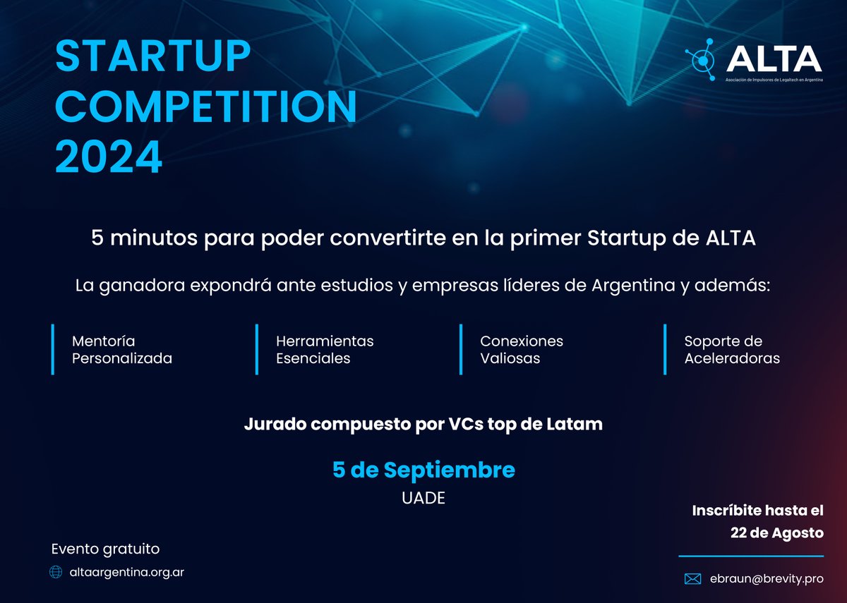 altaorg's tweet photo. ¿Tienes una startup innovadora en el campo de Legaltech? ¡Esta es tu oportunidad para brillar! ALTA (Asociación Argentina de Impulsores de Legaltech) se enorgullece en anunciar su competencia de pitch para startups de Legaltech.

Regístrate ahora: 📧 ebraun@brevity.pro https://t.co/vbSmFp3MII
