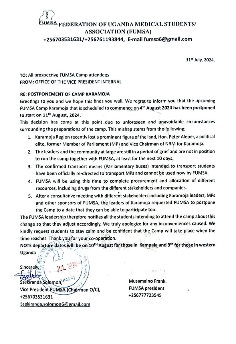 #justin Camp Karamoja has been postponed! The camp will now start on 11th of August, 2024 as opposed to 4th August, 2024.

The Organising committee extends their apologies for inconvenience caused.