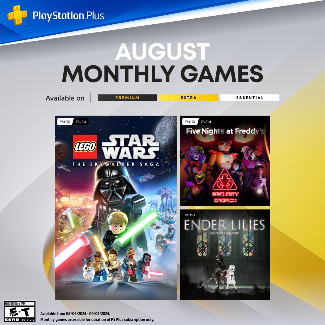 game_onlive0's tweet photo. PlayStation Plus Monthly Games for August ⬇️⬇️

• LEGO Star Wars: The Skywalker Saga
• Five Nights at Freddy’s Security Breach
• Ender Lilies: Quietus of the Knights

#PlayStation #PSPlus #PlayStation5 #PS5 #Gaming #GamingCommunity https://t.co/1T2Mg4gW4H