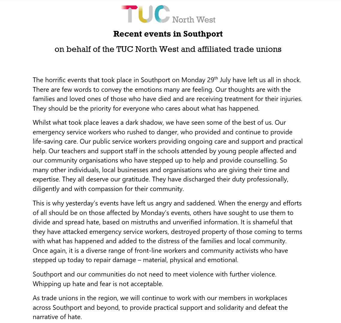 Following the horrific events in Southport on Monday, and the shameful scenes yesterday evening, the attention and efforts of all should be focused on those affected and those seeking to help - not those who look to divide us