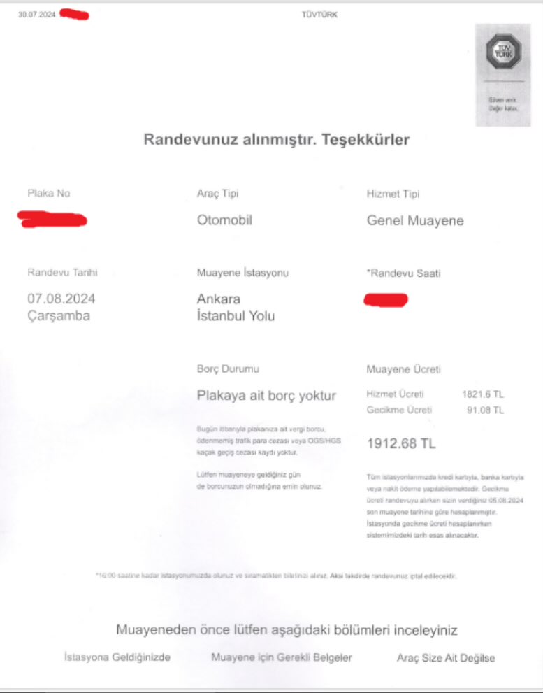 👨‍🔧 Araç muayene tekelini elinde bulunduran ve kredi kartı ile ödemede ilave komisyon alan TÜVTürk randevu sisteminin faturasını taşıt sahiplerine kesiyor. 

📮 Bugün gelen bir mesaj: “Benim binek aracımın periyodik muayenesi 5 Ağustos 2024 tarihinde doluyormuş. 

🚗 İnternetten
