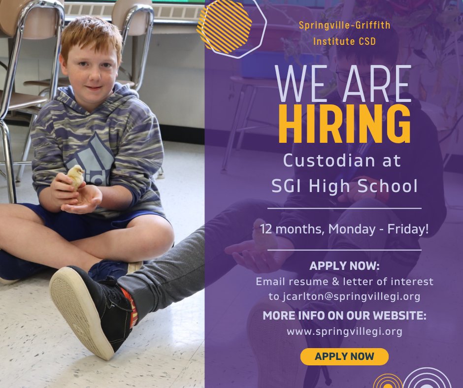 Springville-Griffith Institute CSD (@springvillegrif) on Twitter photo Consider joining our Facilities Team as a Custodian at Springville High School! Apply now by emailing a resume and letter of interest to jcarlton@springvillegi.org by August 8. For more information, visit:
drive.google.com/drive/folders/… Consider joining our Facilities Team as a Custodian at Springville High School! Apply now by emailing a resume and letter of interest to jcarlton@springvillegi.org by August 8. For more information, visit:
drive.google.com/drive/folders/…