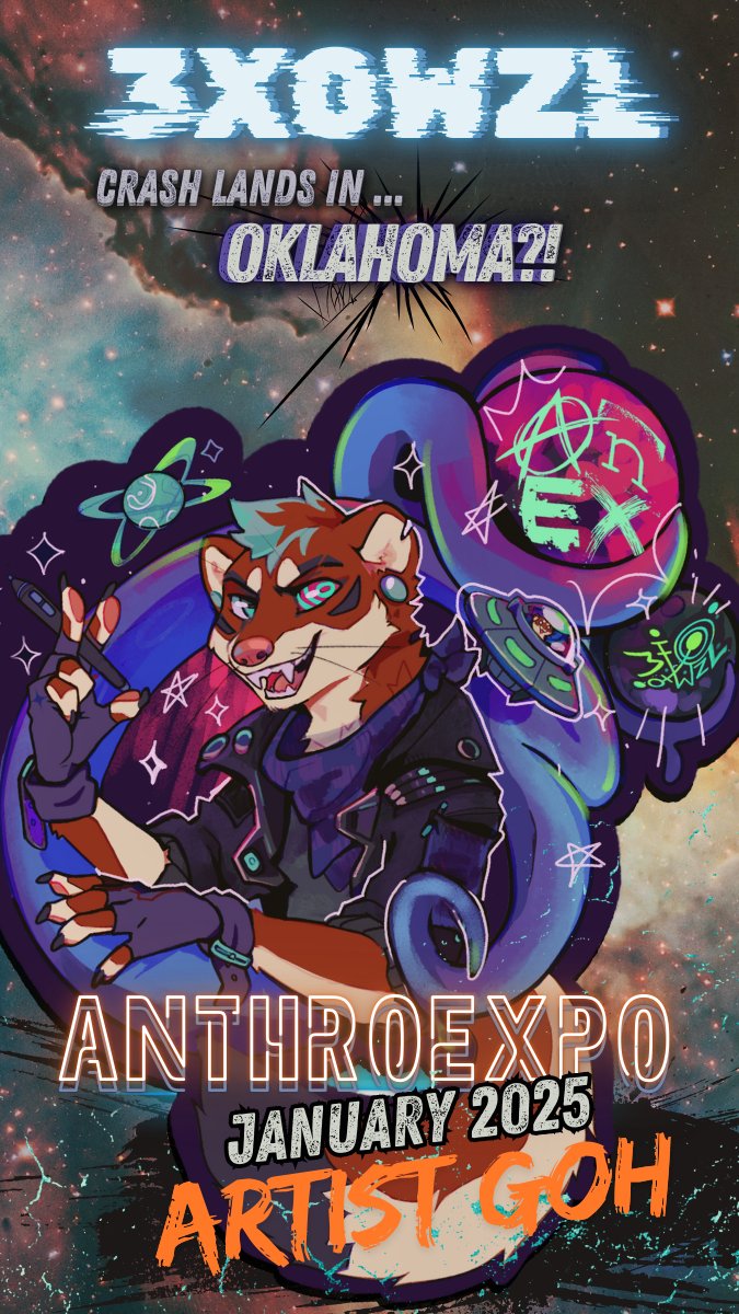 3X0WZL's tweet photo. Thrilled to announce that I will be an Artist Guest of Honor at AnthroExpo 2025!! 🐾 This will be my first AnthroExpo, excited to see yall &amp; let your freak flags fly!! ✨💚💙💜 @AnthroExpo https://t.co/Gi2JeqPwjv