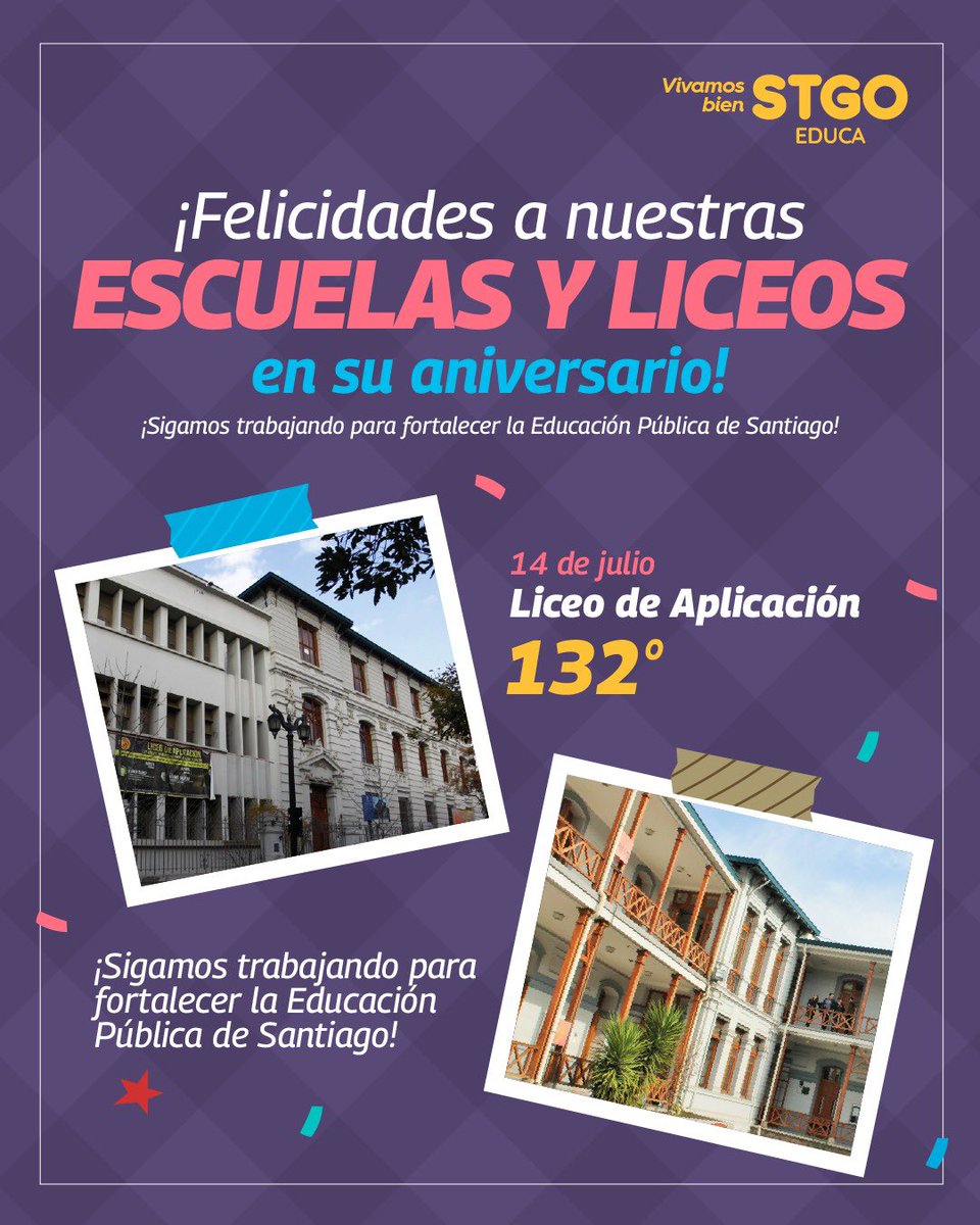Muni_Stgo's tweet photo. #STGOEduca 🏫Aniversario escuelas y liceos de Santiago! 🏫
Hoy termina julio y queremos saludar al liceo de Aplicación, que cumplió un año más al servicio de la educación pública de Santiago 🎂
¡Sigamos fortaleciendo la Educación Pública de Santiago! ✨ https://t.co/qZue2UZ0rA