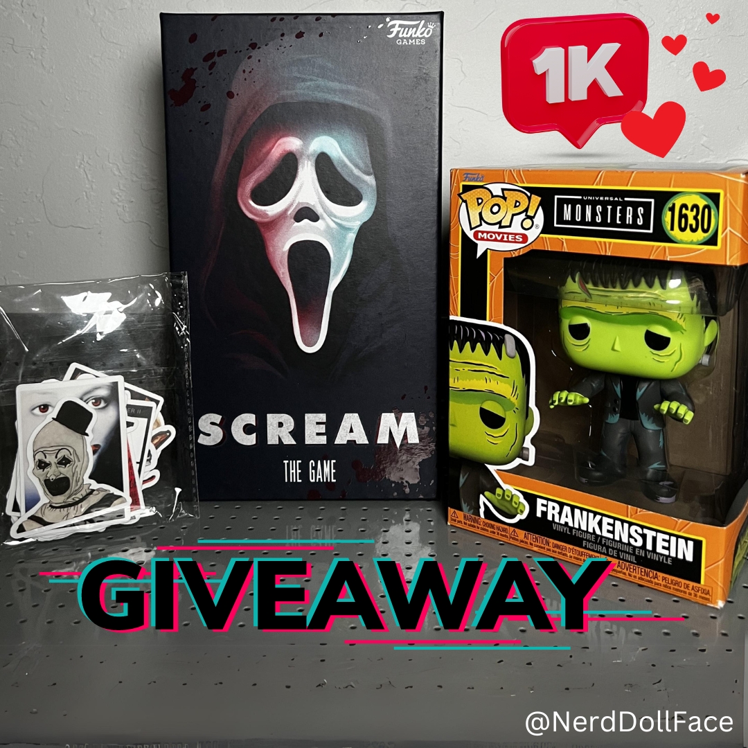 NerdDollface's tweet photo. 🚨ANNOUCING THE 1K GIVEAWAY!🚨

 To celebrate hitting 1k I am giving away a Scream The Game, a Frankenstein Pop & some horror stickers ton one lucky person!

To Enter:
🖤Follow Me
🖤Like this Post
🖤Retweet this post
🖤Comment your favorite horror movie

Entry ends August 16th. US residents only. 🖤