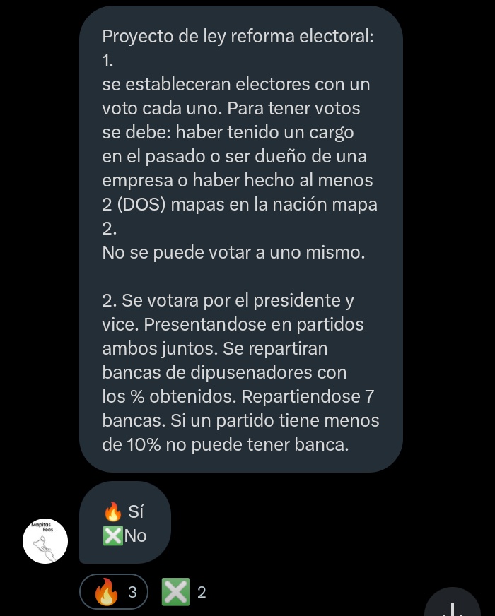 [Nueva democracia]
Luego de un error en los comisios que da aprobad la nueva ley electoral mapera por mayoria de la camara de dipusenadores.
