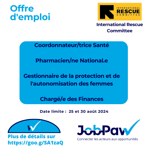 Offre d'emploi  - @InternationalRescueCommittee  recrute : 

Coordonnateur/trice Santé

Pharmacien/ne National.e

Gestionnaire de la protection et de l'autonomisation des femmes 

Chargé/e des finances 

Postulez à travers ce lien : goo.gl/SA1zaQ