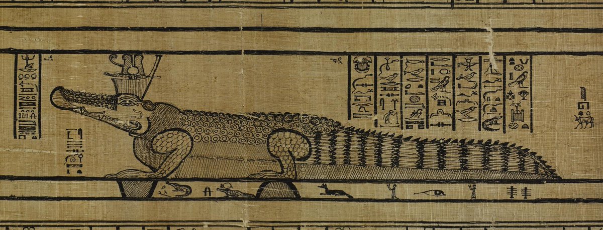 Stunning illustration of Sobek in crocodile form from "The Book of the Faiyum." Sobek was known as "Lord of the Nile" and the one "who greens the Two Banks." Egyptian, Greco-Roman period, ca. 1st century BCE-2nd century CE. Ink on papyrus,12.5 in. H. Walters Museum (# W.738).