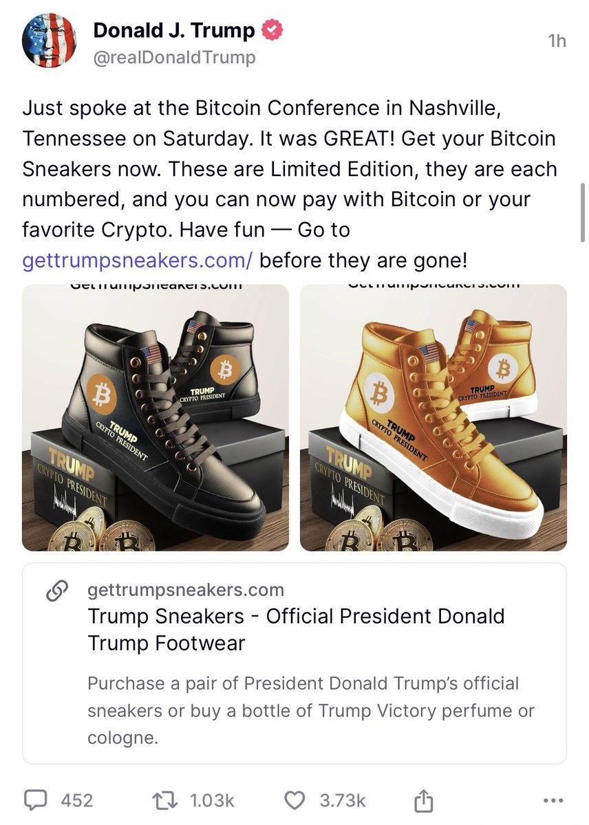 JUST IN: 🇺🇸 Donald Trump launches #Bitcoin sneaker collection after  speaking at Bitcoin 2024 in Nashville 👀