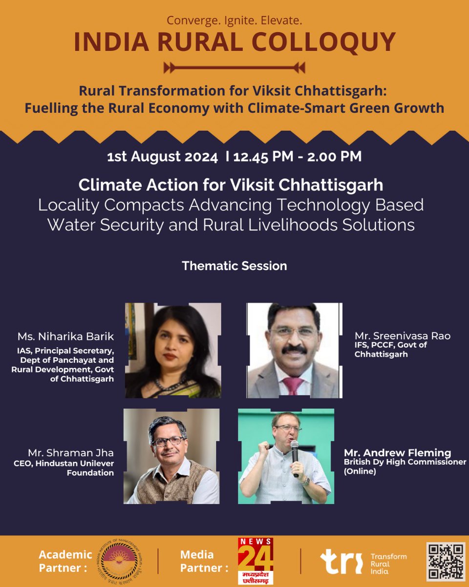 TRIFoundation's tweet photo. 📣 Raipur, Chhattisgarh I India Rural Colloquy 

We are absolutely thrilled to kick off the first leg of the India Rural Colloquy 2024 at Raipur, Chhattisgarh with our esteemed panel of speakers.

Special thanks to our:
Academic partner:  @iimraipur
Media partner: @news24tvchannel

#IndiaRuralColloquy2024 #IndiaRuralColloquy #ruralrenaissance #LaunchDay #RuralIndia #TransformRuralIndia #ChhattisgarhChapter