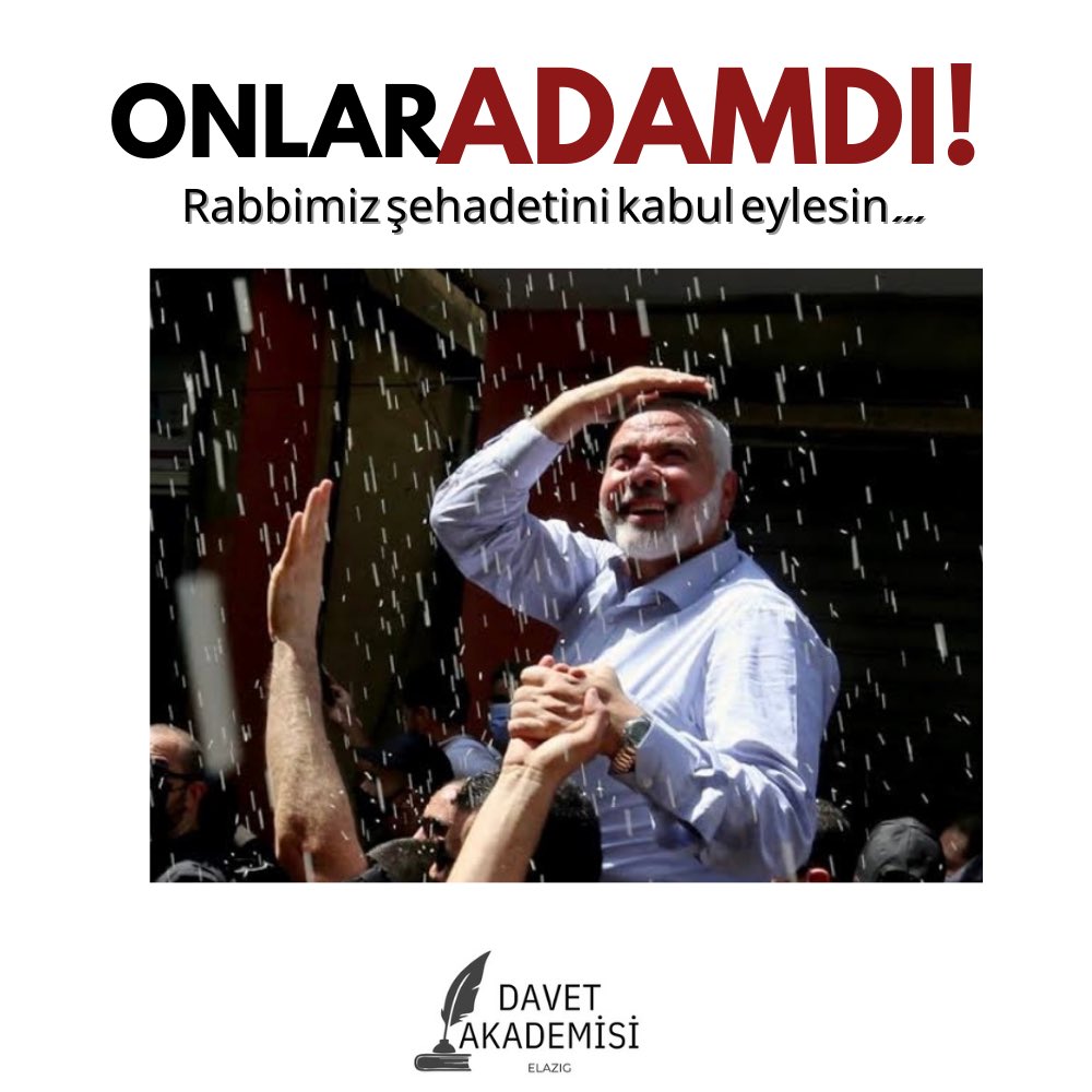 Şehidimiz Var!

“Mü’minlerden öyle adamlar vardır ki, Allah’a verdikleri söze sâdık kaldılar. İçlerinden bir kısmı verdikleri sözü yerine getirmiştir (şehit olmuştur) Bir kısmı da şehit olmayı beklemektedir. Verdikleri sözü asla değiştirmemişlerdir.” 

Ahzab, 23

#IsmailHaniyeh