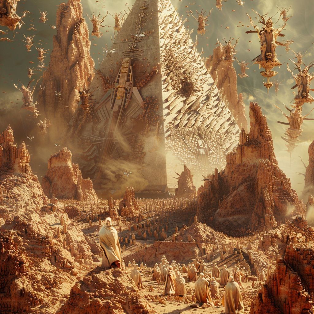 HumanAIArt's tweet photo. "Celestial Pyramid G2", Witness the collaboration between humans and aliens in constructing a grand pyramid on a surreal alien world. #AlienBuilders #CosmicPyramid #SurrealPlanet #GalacticTeamwork https://t.co/saOrDZzm2h