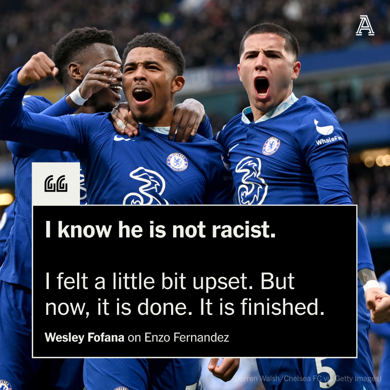 TheAthleticFC's tweet photo. Wesley Fofana is convinced Chelsea team-mate Enzo Fernandez is not a racist and says the fallout from his singing of an offensive chant is a thing of the past.

#CFC 

More from @SJohnsonSport ⬇️