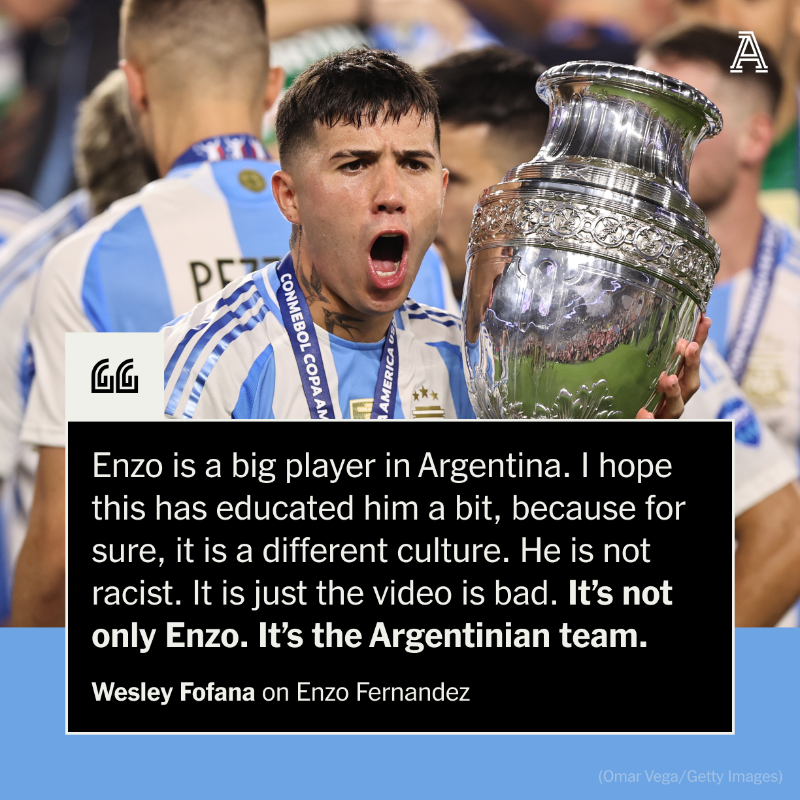 TheAthleticFC's tweet photo. Wesley Fofana is convinced Chelsea team-mate Enzo Fernandez is not a racist and says the fallout from his singing of an offensive chant is a thing of the past.

#CFC 

More from @SJohnsonSport ⬇️