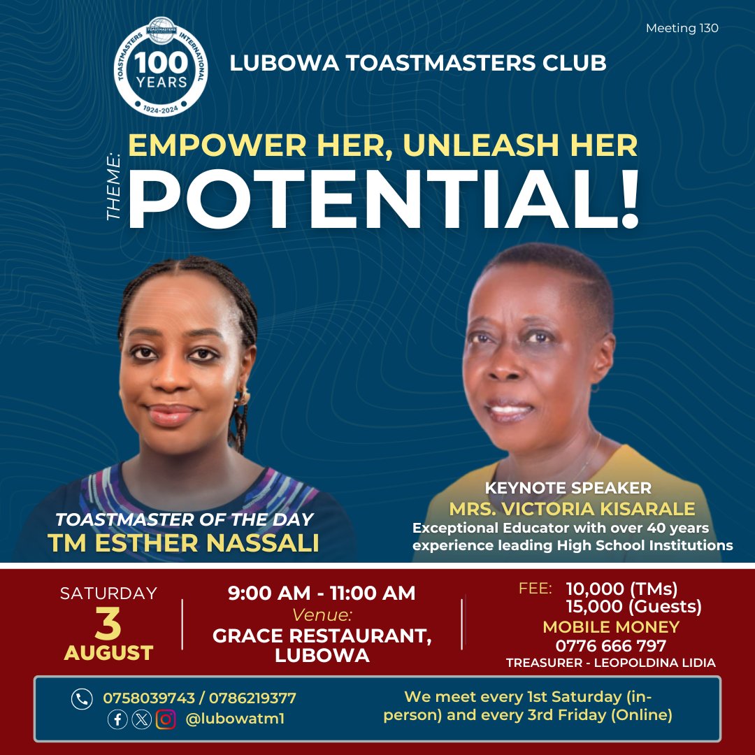 Join Lubowa Toastmasters for a life-changing morning with our keynote speaker Mrs. Victoria Kisarale, an Exceptional Educator and Seasoned High School Leader with over 40 years of experience!👌

📅 SAT, AUG 3 2024
⏲️ 9:00 AM - 11:00 AM
📍 Grace Restaurant, Lubowa

#EmpowerHer