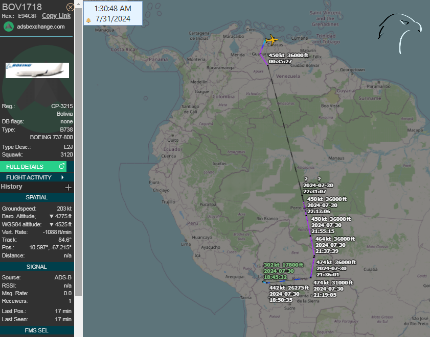 UHN_Plus's tweet photo. 🇧🇴🇻🇪 | URGENTE

Via: @FlconEYES: El gobierno de Bolivia ha desviado un vuelo con personal colaborador, agentes infiltrados y prisioneros para apoyar la dictadura de Maduro. 

El vuelo Santa Cruz-Caracas no es de línea regular y sigue rutas inusuales. Se informa que continúan llegando colaboradores para apoyar el golpe de estado y masacrar al pueblo indefenso de Venezuela.