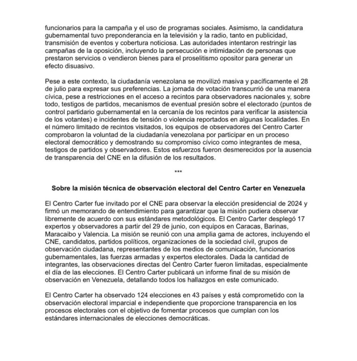Carta del Centro Cárter <a href="/CarterCenter/">The Carter Center</a> (hace 10 horas)